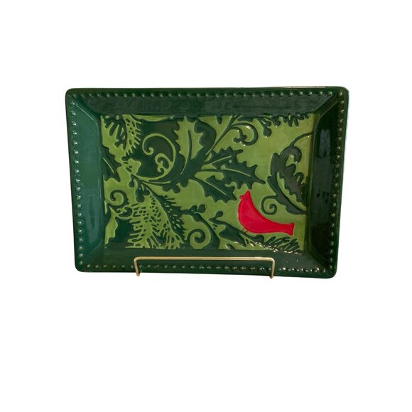 Hallmark Exclusive Green Christmas Rectangular Tray Red Cardinal Design Ceramic - Picture 2 of 6